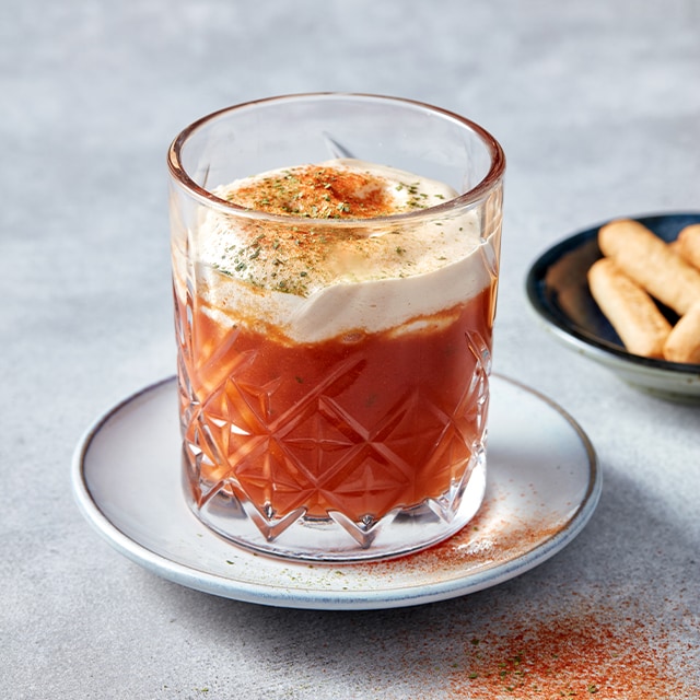 Tomaten paprika soepamuse met paprikaschuim Tomaten paprika soepamuse met paprikaschuim